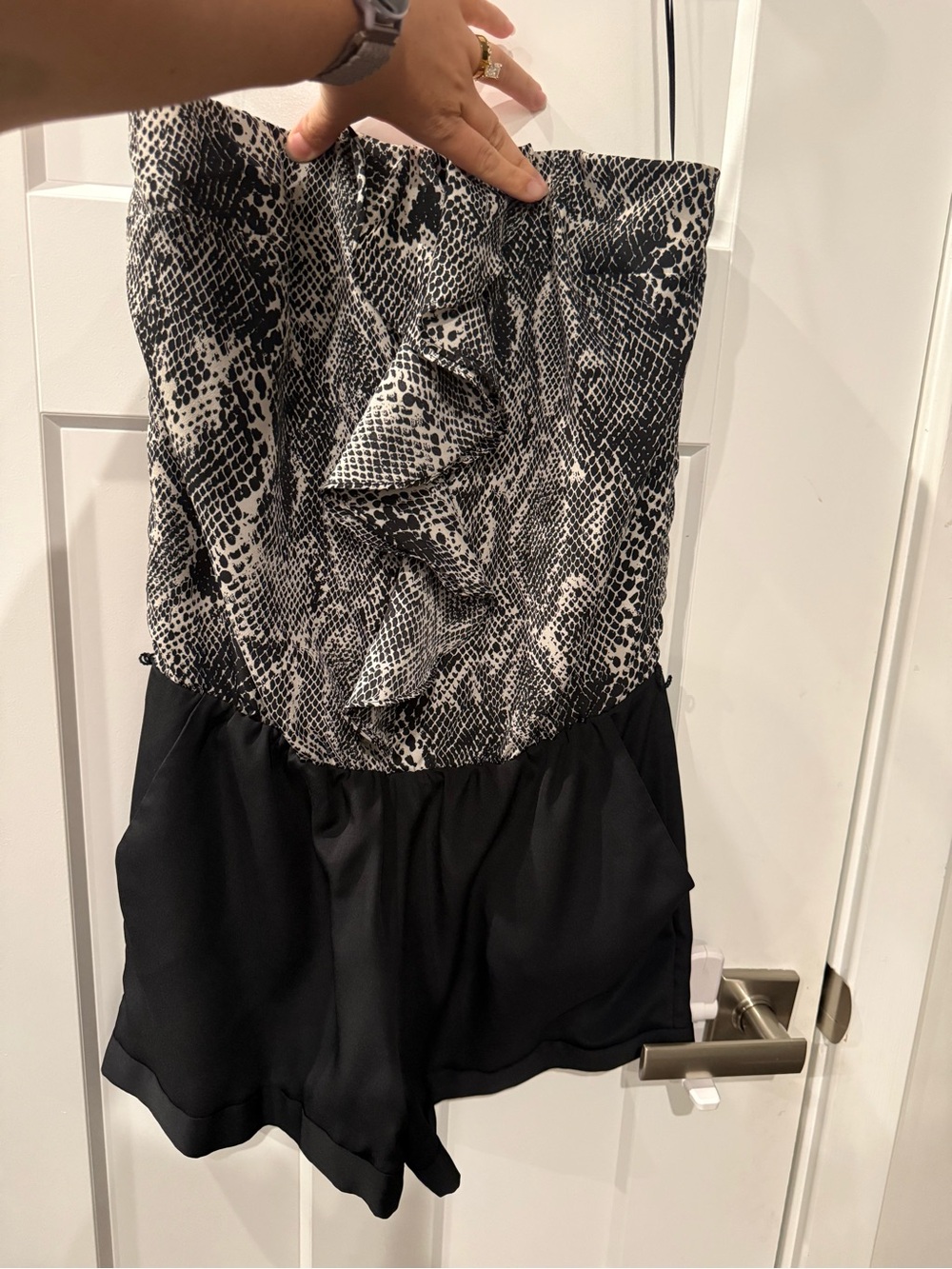 Express Black & White Snake-Print Strapless Romper